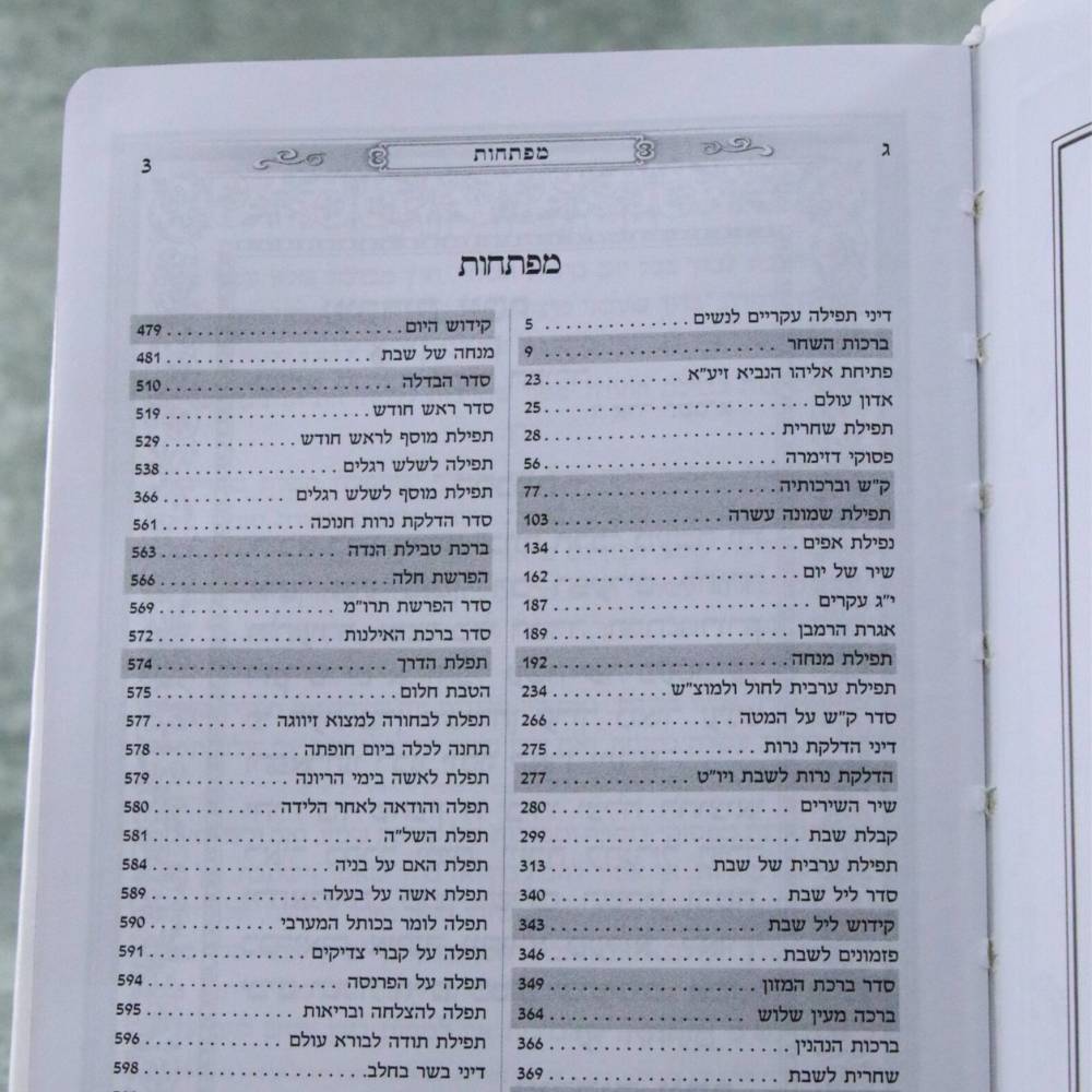 דף מפתחות ותוכן עניינים מפורט מתוך סידור כוונת הלב לבת ישראל, המציג סדר ברור של התפילות, הברכות ודיני התפילה העיקריים לנשים ונערות.