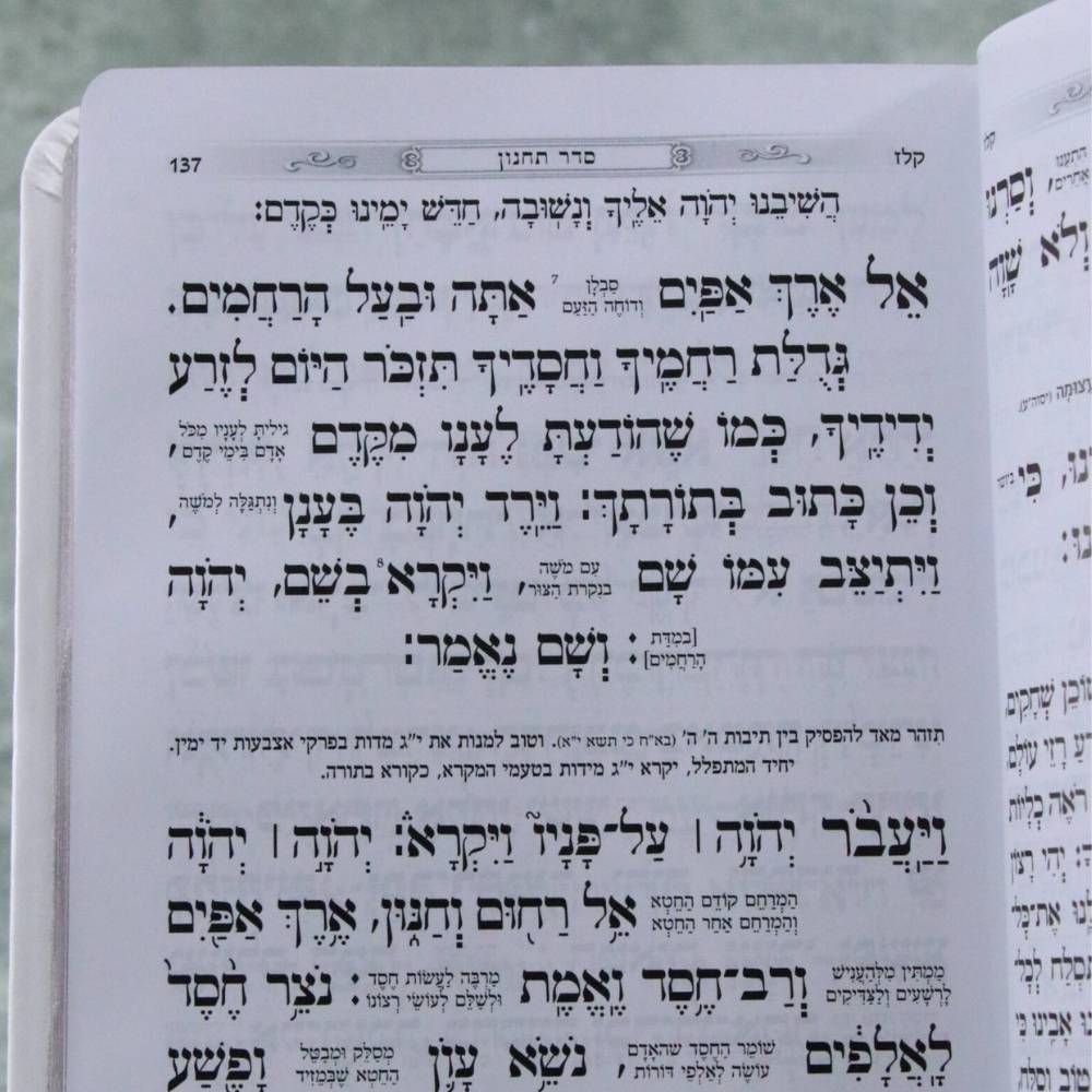 עמוד פנימי מתוך סידור כוונת הלב השלם לבת ישראל בגודל בינוני, המציג קטע תפילה מנוקד באותיות גדולות, מאירות עיניים וברורות, עם הפירוש המפורש המשולב בין המילים.