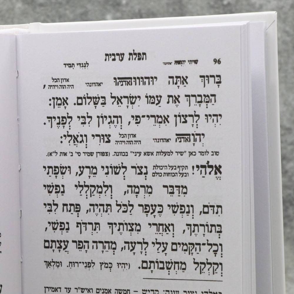 עמוד פנים מתוך סידור מנחה וערבית עבודת השם, מציג את תפילת ערבית וסיום העמידה באותיות מוגדלות וברורות.